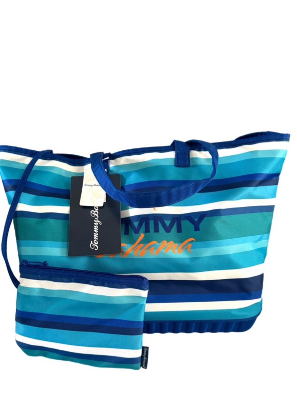 NEW Tommy Bahama Water Repellent Tote Bag Removable Pouch Ocean Stripe Navy Blue